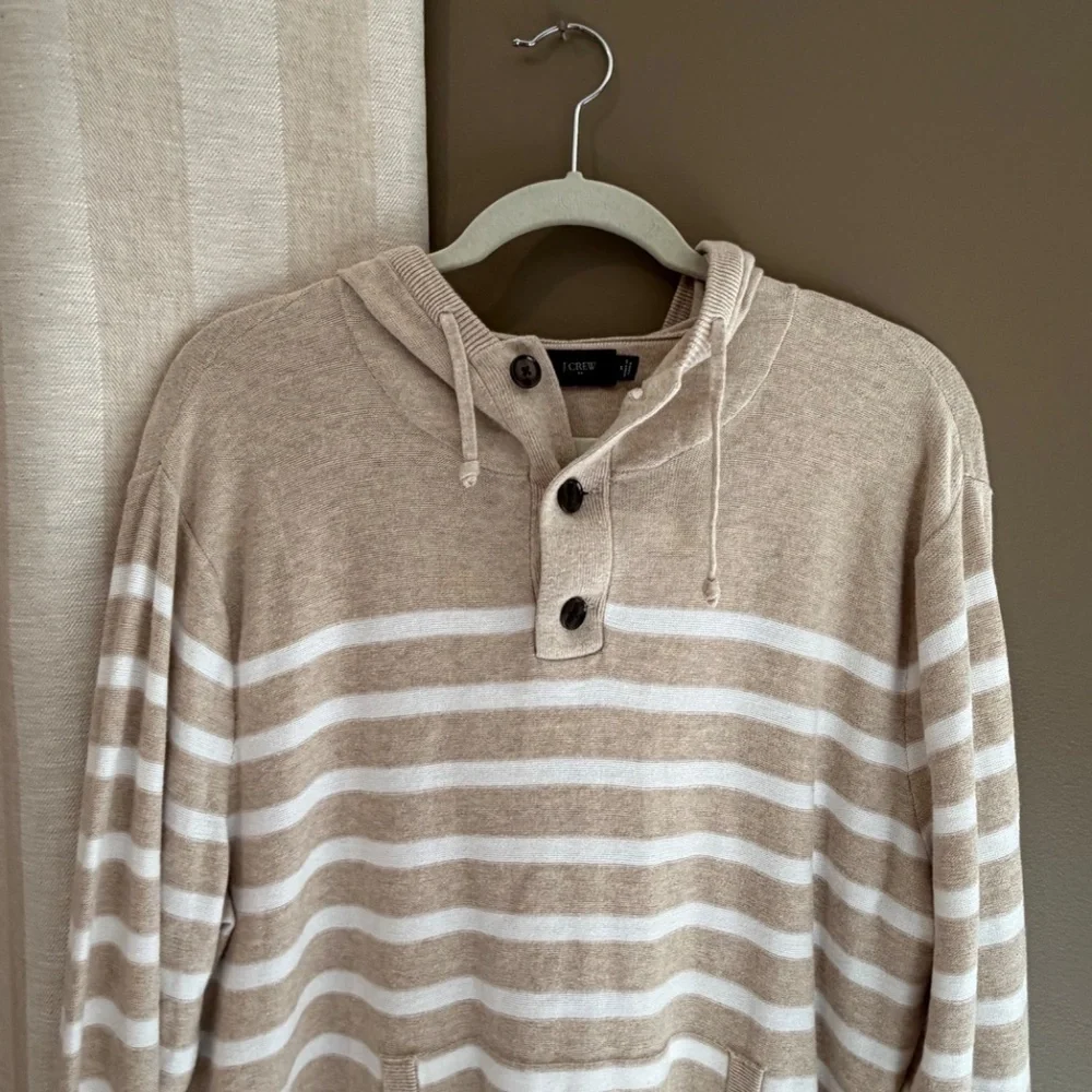 J. Crew Men's Hoodie Tan & Cream Striped Sweater, Size Medium